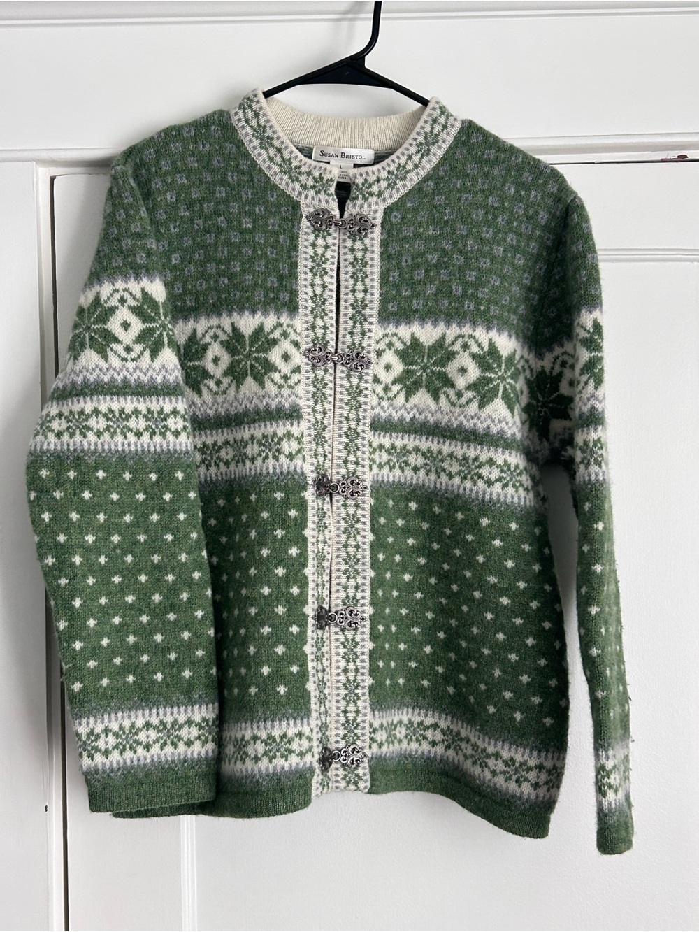 Vintage Susan Bristol Fair Isle Nordic Style 100% Wool Sweater Green Women Large
